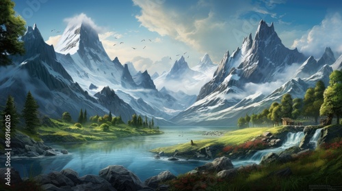 Wallpaper Mural The image is of a beautiful mountain landscape. There is a lake in the foreground, with a small waterfall on the right side. Torontodigital.ca