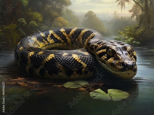 A huge anaconda in the water