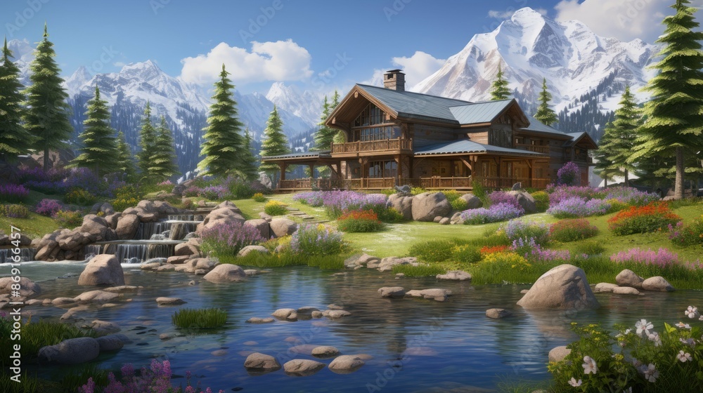 A beautiful mountain landscape with a log cabin, river and flowers. The cabin is nestled in the mountains and surrounded by lush greenery. A beautiful mountain landscape with a log cabin, river and flowers. The cabin is nestled in the mountains and surrounded by lush greenery.