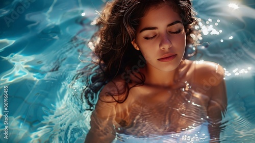 A young woman with her eyes closed relaxes in a pool of water. Sunbeams shine on her face and neck.  Her dark hair floats around her. © Aris Suwanmalee
