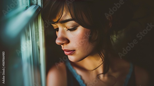 A young woman with her head resting on a window pane, looking down with a melancholic expression.