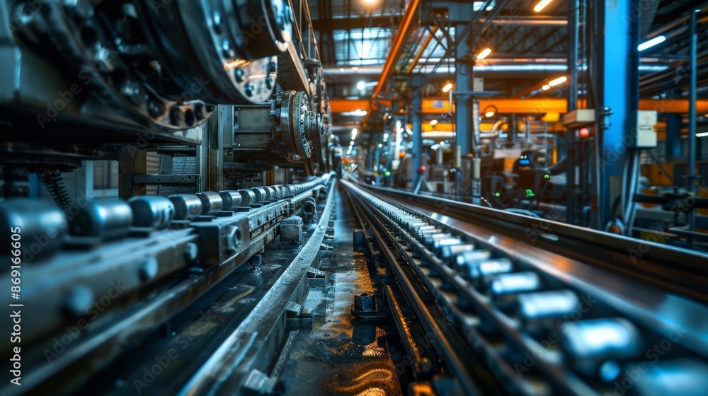 Close-up of a factory conveyor belt system, emphasizing the industrial machinery and production line. Close-up of a factory conveyor belt system, emphasizing the industrial machinery and production line.