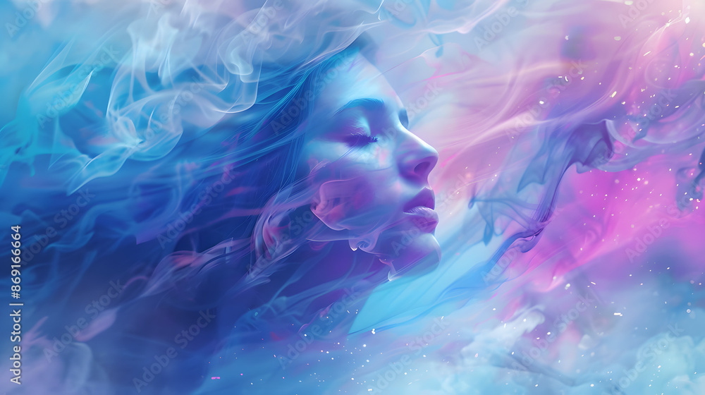 Ethereal woman enveloped in a misty aura, with vivid colors radiating from her, blending into the surrounding environment in a magical display Ethereal woman enveloped in a misty aura, with vivid colors radiating from her, blending into the surrounding environment in a magical display