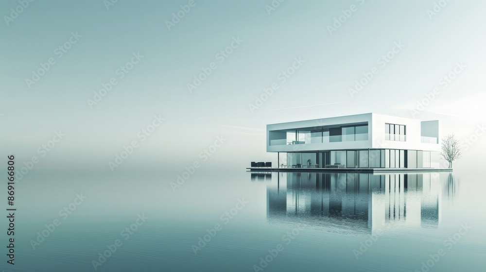 Modern house with sleek design, reflected in calm water, misty background. Minimalist architecture. Modern house with sleek design, reflected in calm water, misty background. Minimalist architecture.