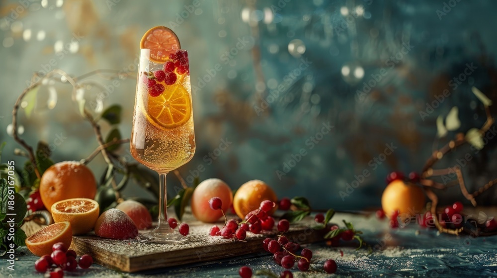 Sparkling citrus cocktail with cranberries and orange slices, festive holiday drink. Sparkling citrus cocktail with cranberries and orange slices, festive holiday drink.