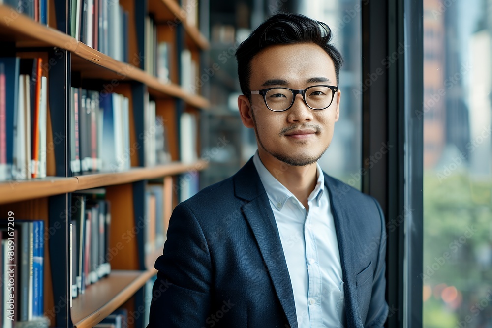 Fototapeta premium Portrait of a handsome Asian businessman in a suit and glasses standing at a window, with a bookcase background, copy space concept for stock photo use for a business portrait or expert looking to the