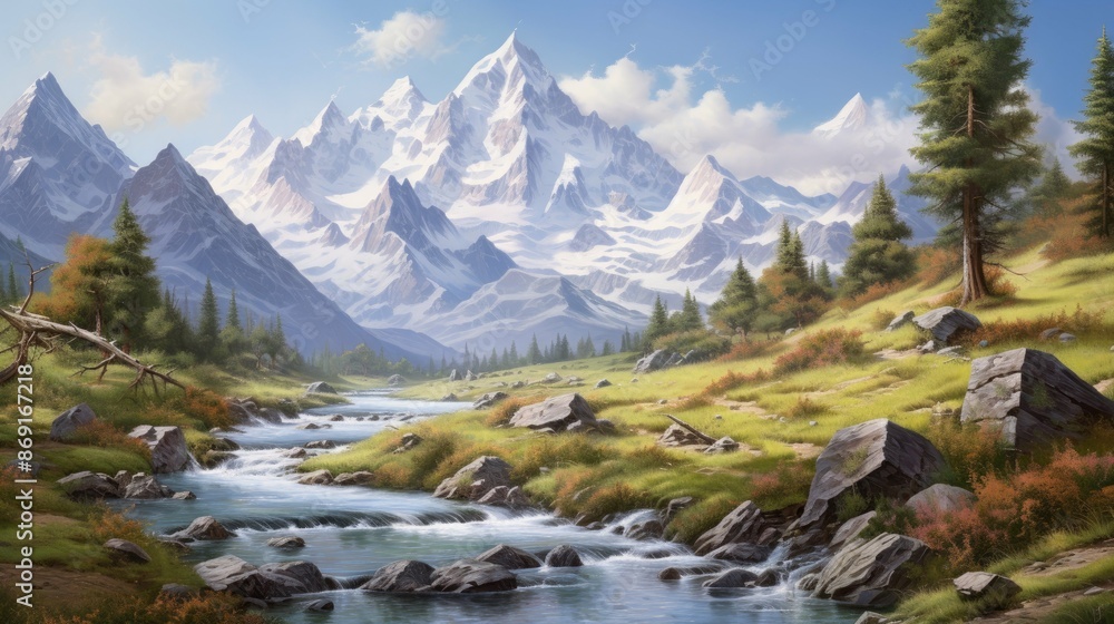 The image is of a beautiful mountain landscape. The mountains are covered in snow. The river is flowing through the valley. The trees are green. The image is of a beautiful mountain landscape. The mountains are covered in snow. The river is flowing through the valley. The trees are green.