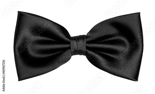 Top view elegant black satin bow tie, isolated cutout on transparent background.