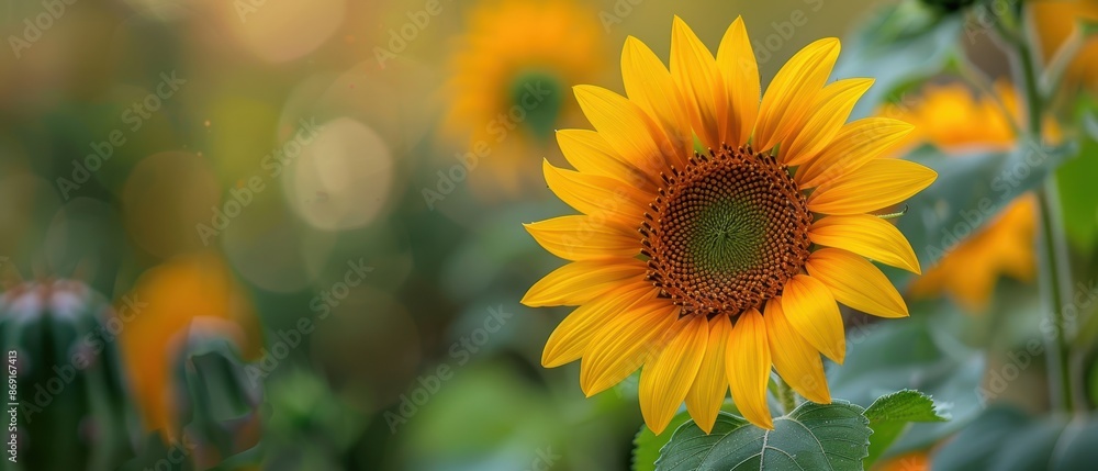 Fototapeta premium Vibrant Sunflower Blooming Near Cactus - Texture Contrast in Nature