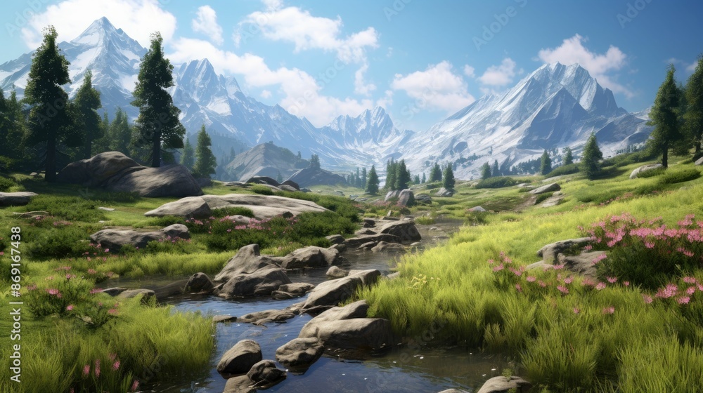 The image is of a beautiful mountain landscape. There are snow-capped mountains in the distance, and a river running through the foreground. The image is of a beautiful mountain landscape. There are snow-capped mountains in the distance, and a river running through the foreground.