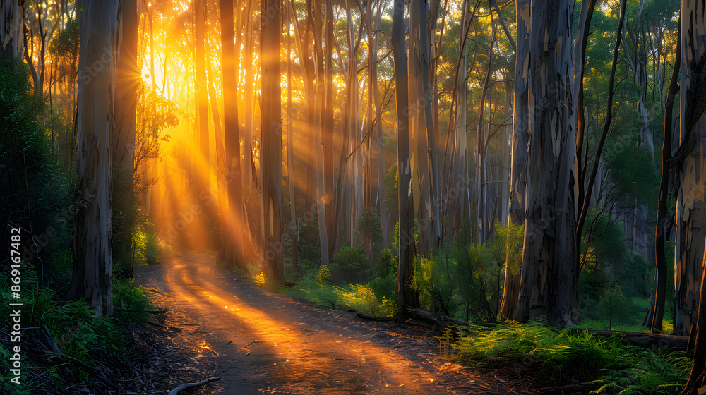 Fototapeta premium Serene footpath winding through a dense eucalyptus forest, with golden sunset sunbeams filtering through the tall trees, casting a warm and magical glow on the path. 
