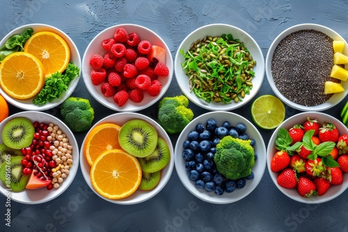 close up, various types of fruits, vegetables and grains arranged in bowls on a minimalistic design background. The bowl with fruit is filled with oranges, strawberries, kiwi slices, red berries, blue