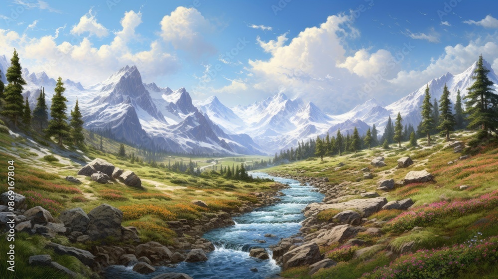 The image is of a beautiful mountain landscape. The mountains are covered in snow, the river is flowing through the valley. The image is of a beautiful mountain landscape. The mountains are covered in snow, the river is flowing through the valley.