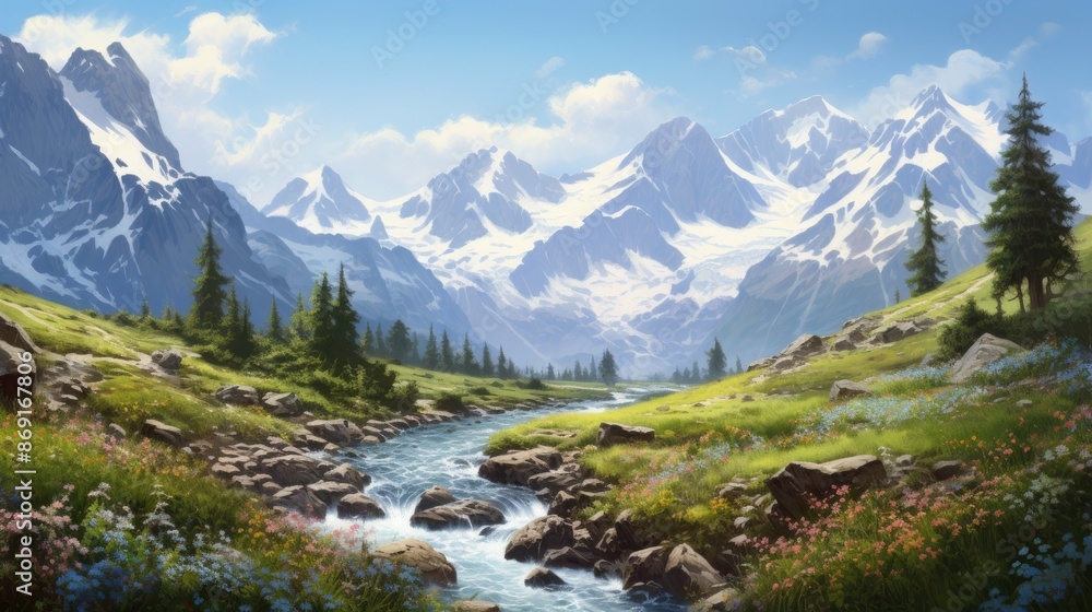 The image is of a beautiful mountain landscape. The mountains are covered in snow, the trees are green, and the flowers are in bloom. The image is of a beautiful mountain landscape. The mountains are covered in snow, the trees are green, and the flowers are in bloom.