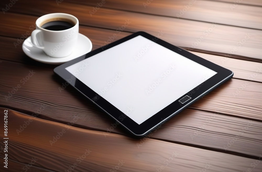 tablet and cup of coffee on wooden table tablet and cup of coffee on wooden table