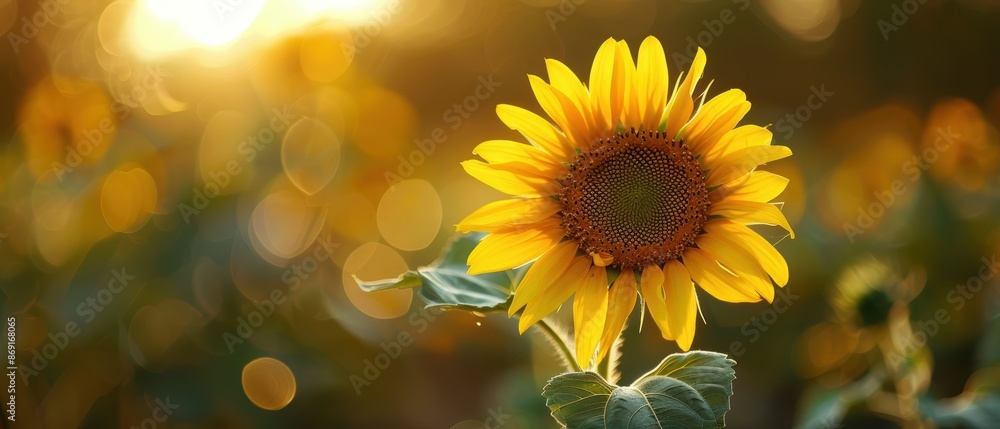 Naklejka premium Vibrant Sunflower in Sharp Focus Against Blurred Cactus Background in Desert Setting