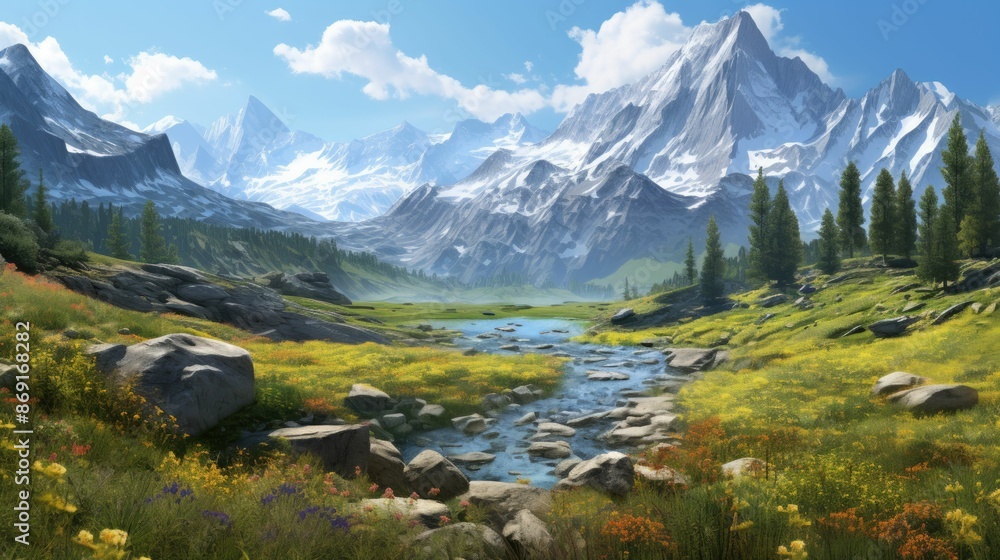 The image is of a beautiful mountain landscape. The mountains are covered in snow. The valley is green and lush. A river runs through the valley. The image is of a beautiful mountain landscape. The mountains are covered in snow. The valley is green and lush. A river runs through the valley.