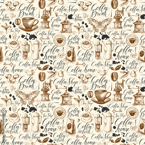 Vector seamless pattern on tea and coffee label theme with sketches, blots and inscriptions in retro style. Suitable for Wallpaper, wrapping paper, background, fabric or textile