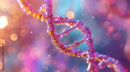 Macro shot of a DNA double helix under a microscope, with colorful cell structures in the background, highlighting genetic research in medical biotechnology.