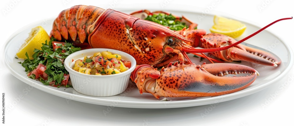 Delicious Cooked American Lobster with Side Dishes Plated Perfectly on White Background Delicious Cooked American Lobster with Side Dishes Plated Perfectly on White Background