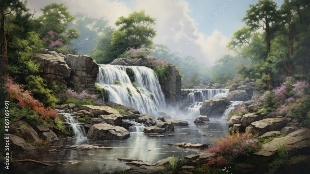 Naklejka premium The image is of a beautiful waterfall in a forest. The water is crystal clear and the rocks are covered in moss.