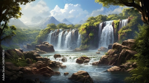 A beautiful landscape of a waterfall in the jungle. The waterfall is surrounded by lush green trees and plants, and the water is crystal clear.