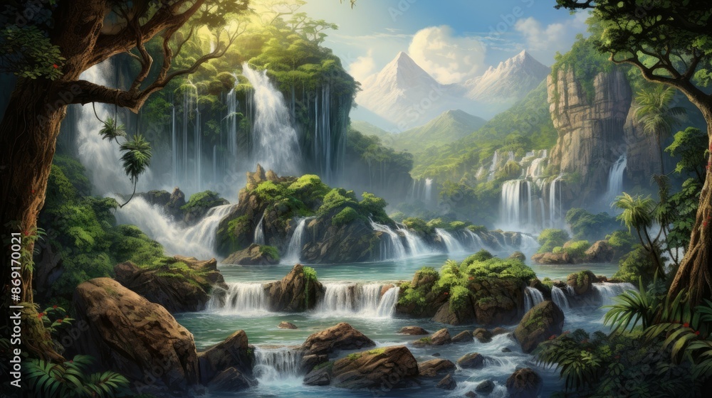 A beautiful landscape with a waterfall in the middle. The waterfall is surrounded by green trees and plants. A beautiful landscape with a waterfall in the middle. The waterfall is surrounded by green trees and plants.