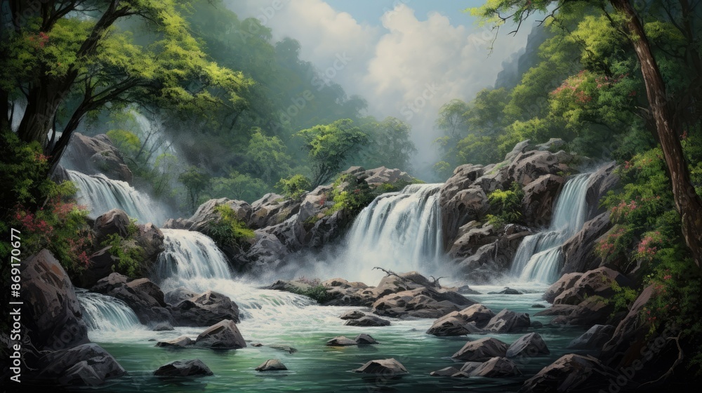 The beautiful landscape of a waterfall in the jungle. The waterfall is surrounded by green trees and rocks. The water is crystal clear andç¢§ç¶ çš„. The beautiful landscape of a waterfall in the jungle. The waterfall is surrounded by green trees and rocks. The water is crystal clear andç¢§ç¶ çš„.