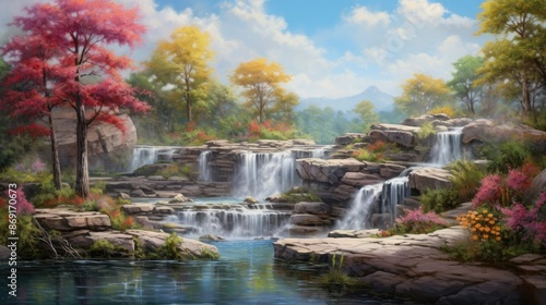 The image is of beautiful waterfalls in a forest. The water is crystal clear and the rocks are covered in moss.