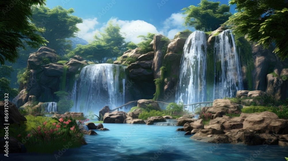 A beautiful waterfall in a lush green forest. The water is crystal clear and the sun is shining brightly. The air is fresh and invigorating. A beautiful waterfall in a lush green forest. The water is crystal clear and the sun is shining brightly. The air is fresh and invigorating.