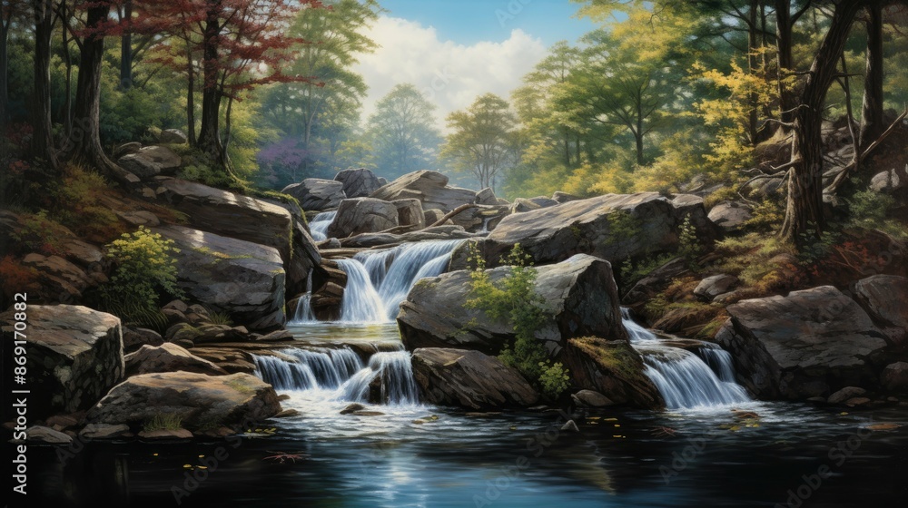 The beautiful landscape of a rushing waterfall in the forest. The water cascades over the rocks, creating a white mist. The beautiful landscape of a rushing waterfall in the forest. The water cascades over the rocks, creating a white mist.