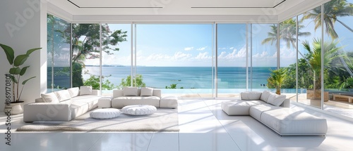 Contemporary Beachfront Living Room Interior with Minimalist Design and Floor-to-Ceiling Windows in Detail