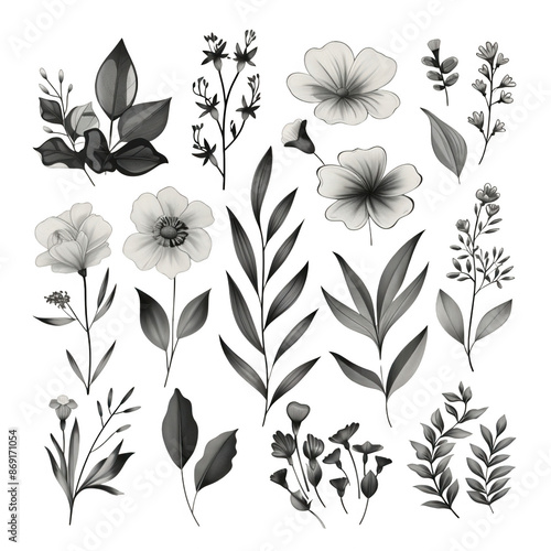 Collection of hand-drawn floral elements on a white background for natural and organic designs