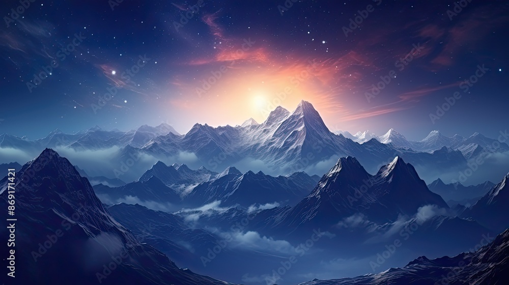 The rugged mountain peaks are capped with snow. The setting sun casts a warm glow on the scene. The sky is clear. The air is still. The rugged mountain peaks are capped with snow. The setting sun casts a warm glow on the scene. The sky is clear. The air is still.