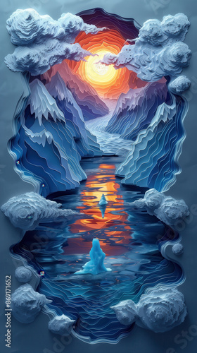 Alaska Glacier and Icebergs at Sunrise Sunset Paper Cut Phone Wallpaper Background Illustration