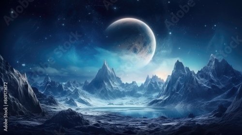 A beautiful winter landscape with a full moon rising over the snow-capped mountains.