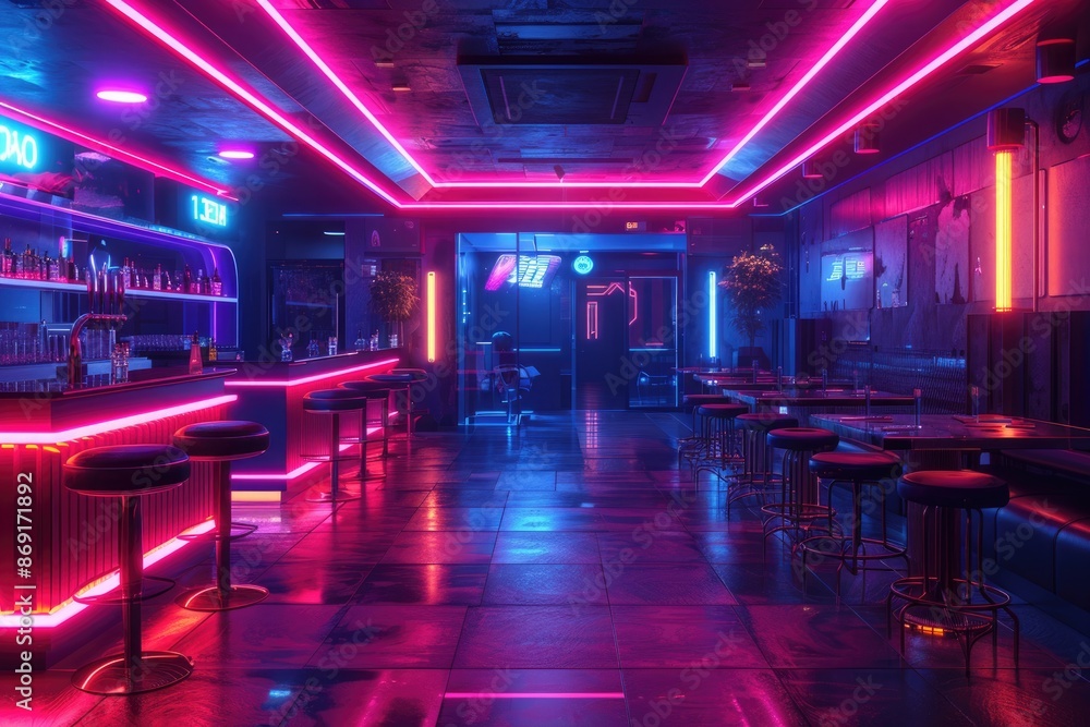 At night, neon lights in the bar, cyberstyle At night, neon lights in the bar, cyberstyle
