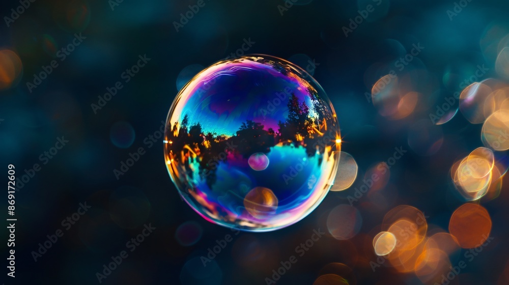 A close up of a single soap bubble reflecting a rainbow of colors against a dark, blurred background A close up of a single soap bubble reflecting a rainbow of colors against a dark, blurred background