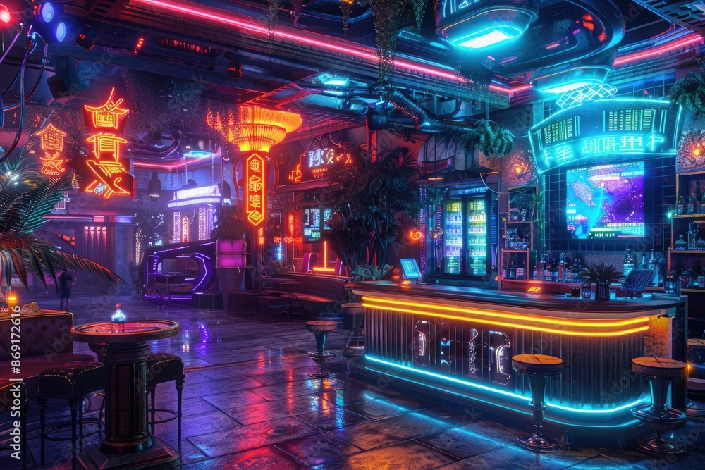 At night, neon lights in the bar, cyberstyle At night, neon lights in the bar, cyberstyle