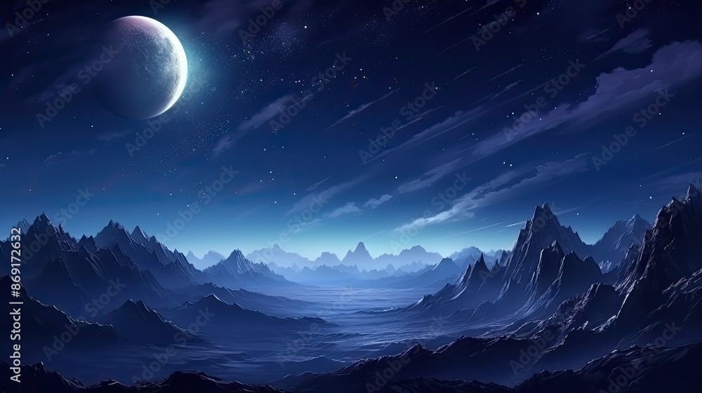 The image is a beautiful landscape of a mountain range at night. The image is a beautiful landscape of a mountain range at night.