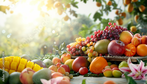 Fototapeta Naklejka Na Ścianę i Meble -  Bounty of fresh fruits is overflowing on a table in an orchard, bathed in warm sunlight