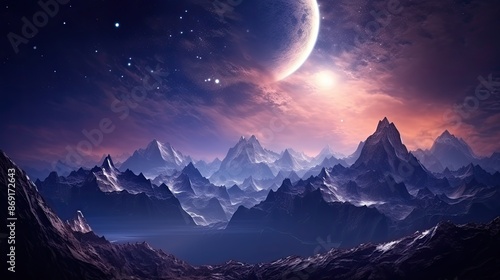 The image is a beautiful landscape of a mountain range at night. The mountains are covered in snow. A large moon hangs in the sky.