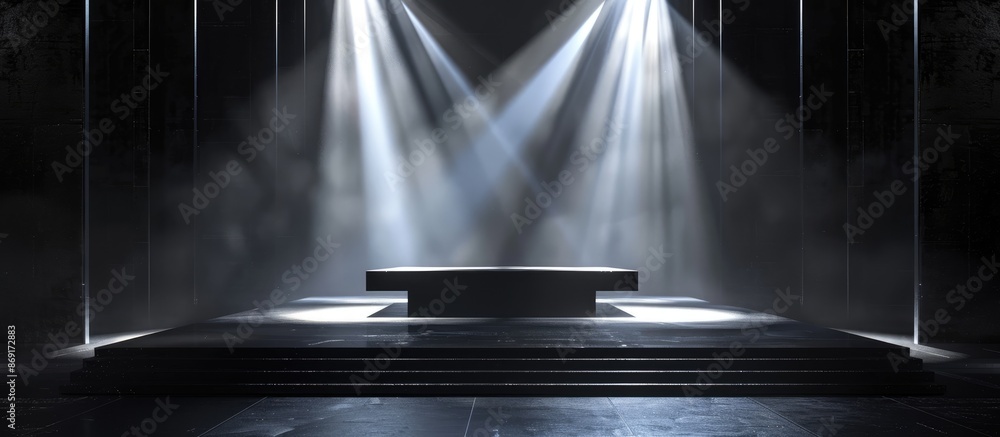 Empty black stage with abstract table, illuminated by light beams and ...