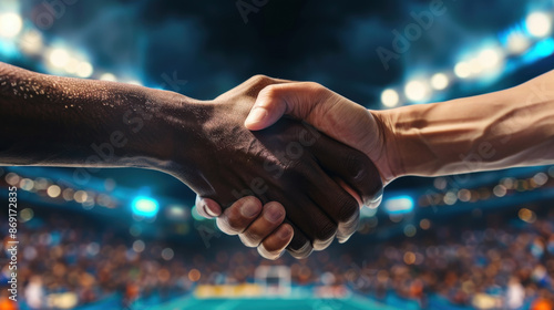 Unity Through Sport: Handshake Under Stadium Lights photo