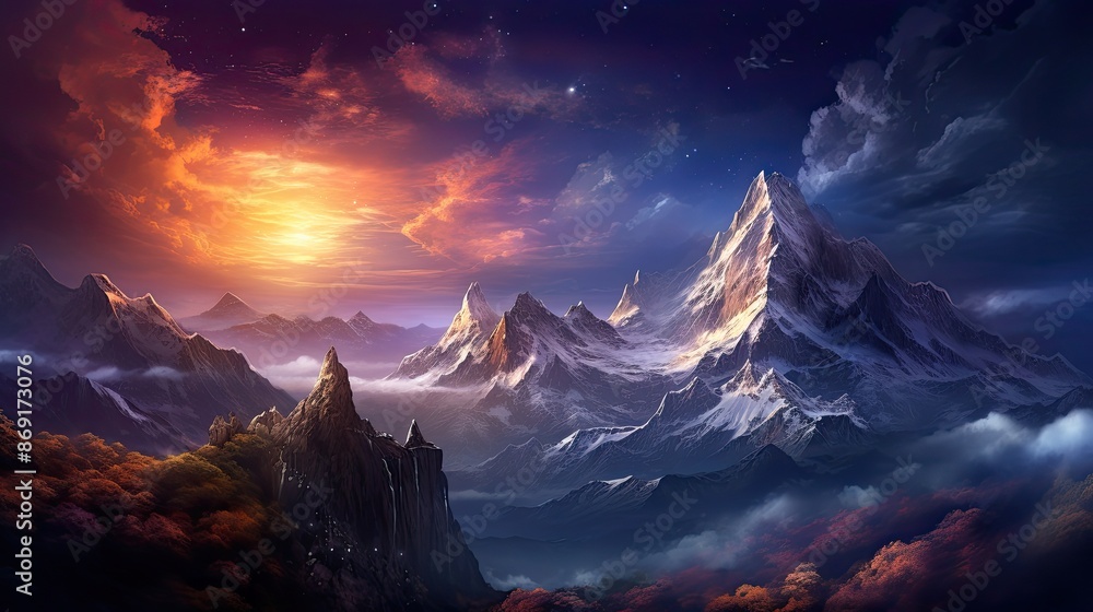 The majestic mountain range is bathed in the warm glow of the setting sun. The majestic mountain range is bathed in the warm glow of the setting sun.