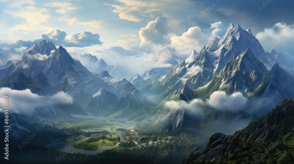 Fototapeta premium The mountain range is covered in snow. The clouds are white and fluffy. The sky is blue and clear. The sun is shining brightly.