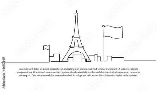 Continuous one line design of flag and tower of France. Minimalist style vector illustration on white background.