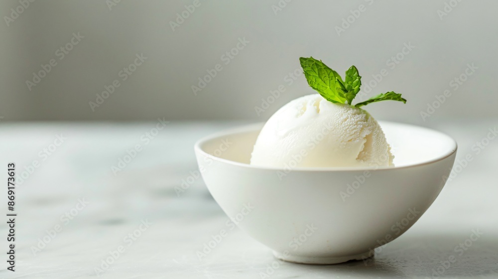 A minimalist dessert featuring a small scoop of gelato in a plain, white bowl with a single mint leaf A minimalist dessert featuring a small scoop of gelato in a plain, white bowl with a single mint leaf