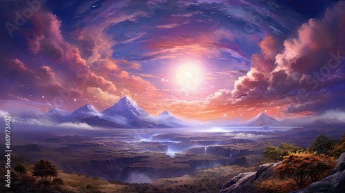 A beautiful landscape with a mountain range in the distance. The sky is a gradient of purple and pink, and the sun is setting.