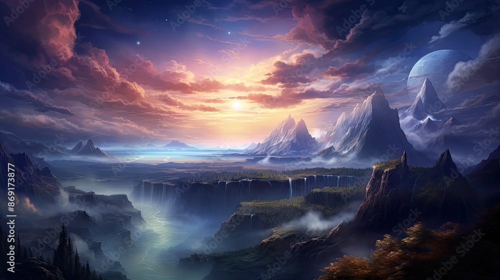 Fototapeta premium A beautiful landscape painting of a mountain range at sunset. The sky is a gradient of purple, pink, and yellow, with a few stars dotting the sky.